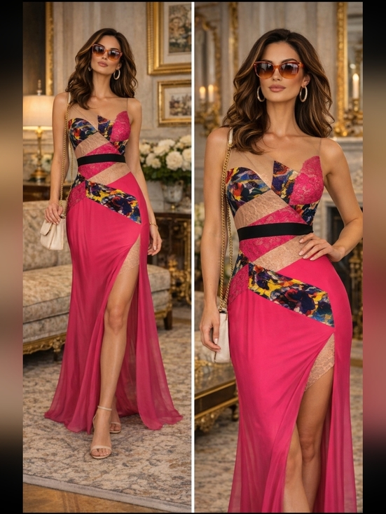 BCBGMaxAzria Dresses & Skirts - BCBG MAX AZRIA Lonnie Hot Pink Maxi Dress Lace Cutout Panel Open Back Evening